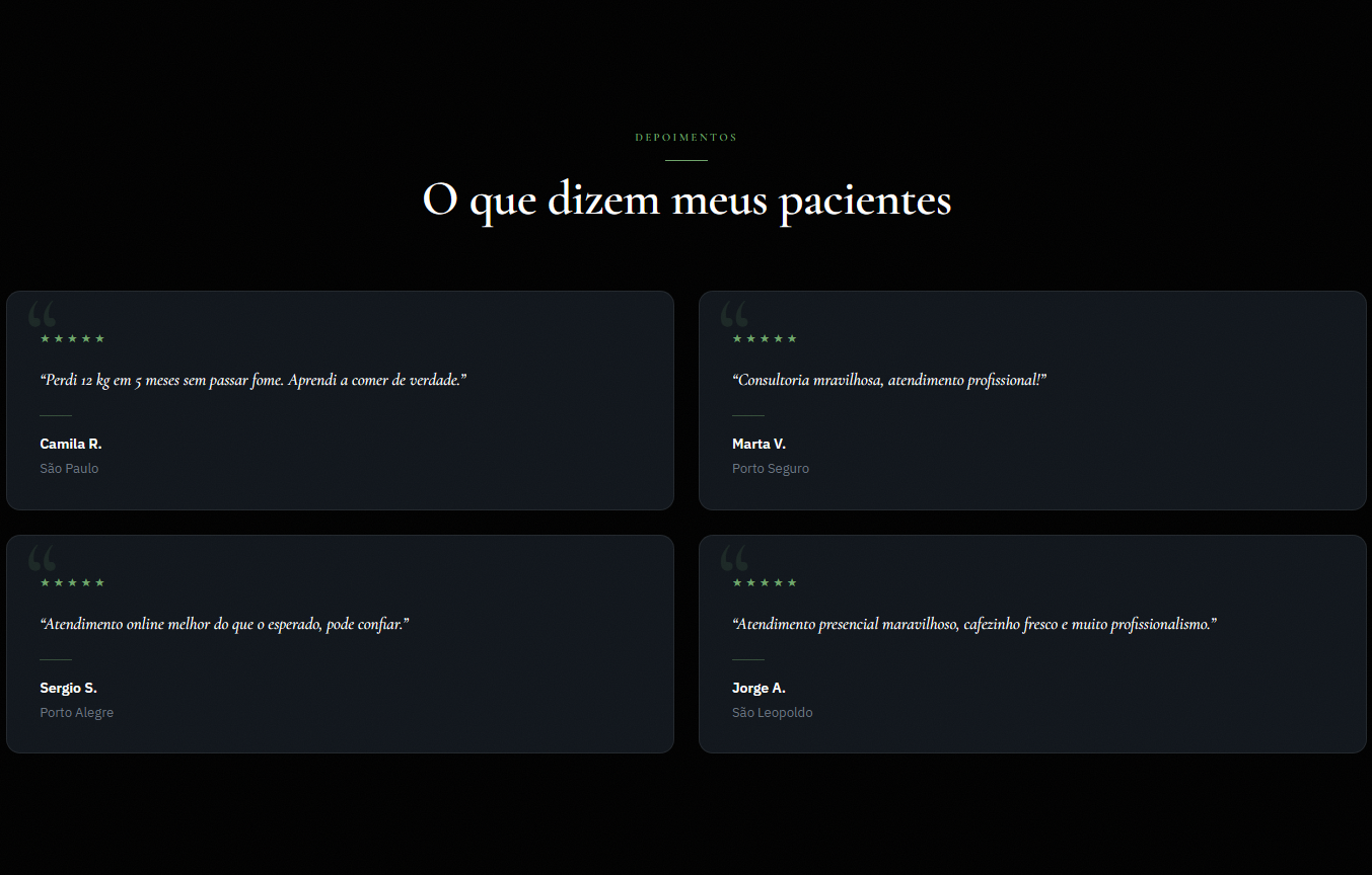 Secao de depoimentos de uma pagina profissional vista no computador
